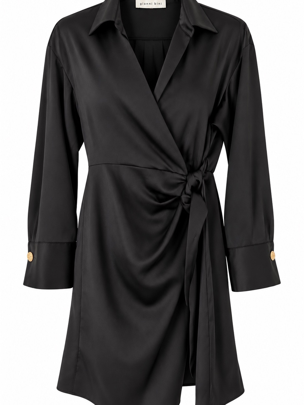 Gianni Bini Black Satin Wrap Shirt Dress with Gold Button Detail